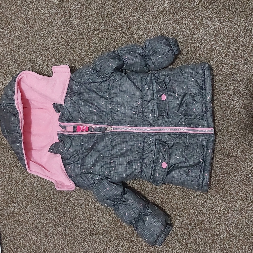 Gray and Pink Hooded Pink Platinum Puffer Coat